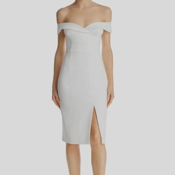 Black Halo Hepburn Sheath Dress Off Shoulder Slit Porcelain White 4 NWT - Picture 1 of 5